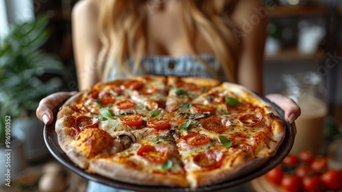 Woman holding a delicious freshly baked homemade pizza with tomatoes and basil in the kitchen