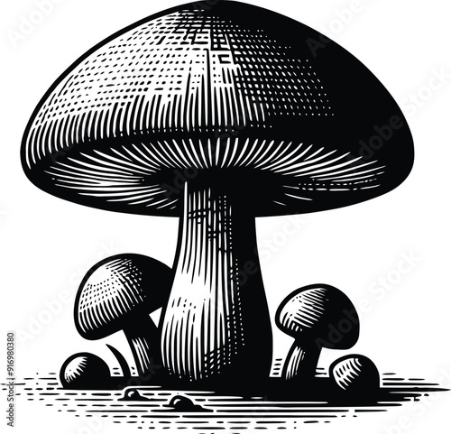 Set of different mushroom silhouettes, graphic drawing with lines, black and white cut truffle, porcini mushroom, shiitake, and chanterelles isolated. Vector illustration silhouette