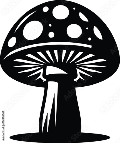 Set of different mushroom silhouettes, graphic drawing with lines, black and white cut truffle, porcini mushroom, shiitake, and chanterelles isolated. Vector illustration silhouette