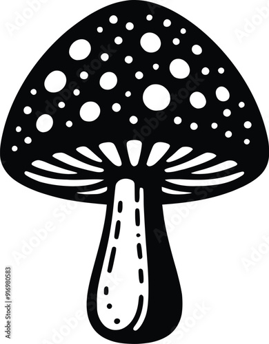 Set of different mushroom silhouettes, graphic drawing with lines, black and white cut truffle, porcini mushroom, shiitake, and chanterelles isolated. Vector illustration silhouette