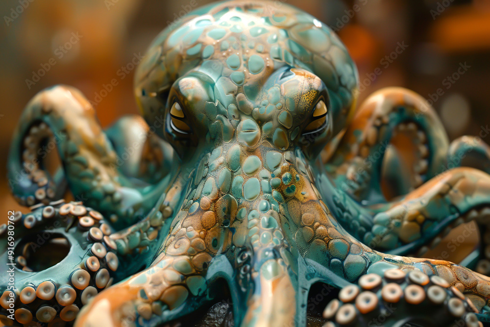 Sculpture of an octopus, imaginative design, front view, showcasing creative marine artistry, futuristic tone, complementary color scheme Sculpture of an octopus, imaginative design, front view, showcasing creative marine artistry, futuristic tone, complementary color scheme