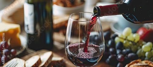 Obraz na płótnie Selective focus on red wine being poured into a glass at a tasting event with cheese bread grapes and ample copy space image w salonie