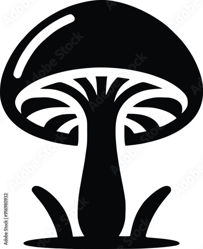 Set of different mushroom silhouettes, graphic drawing with lines, black and white cut truffle, porcini mushroom, shiitake, and chanterelles isolated. Vector illustration silhouette