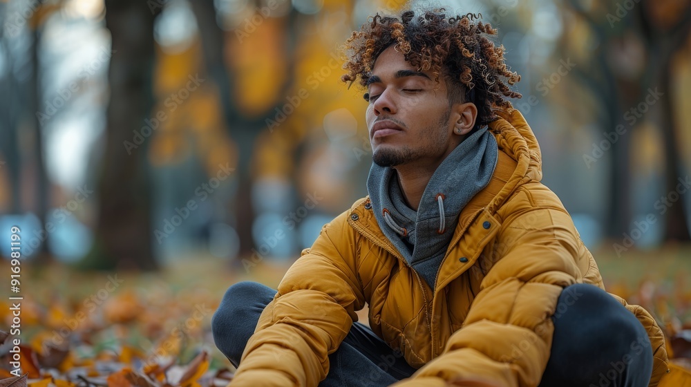 Fototapeta premium Young man meditating outdoors in autumn park with yellow leaves