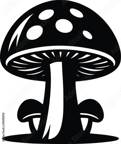 Set of different mushroom silhouettes, graphic drawing with lines, black and white cut truffle, porcini mushroom, shiitake, and chanterelles isolated. Vector illustration silhouette