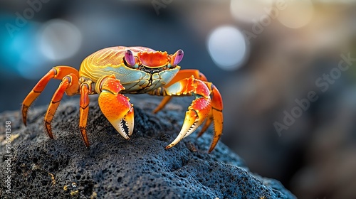 The Red Shore Crab is a fast and agile crab that lives on tropical rocky shore lines in East AfricaThey scavenge on anything edible  Fishing debris and plastics does pose a threat to m : Generative AI photo