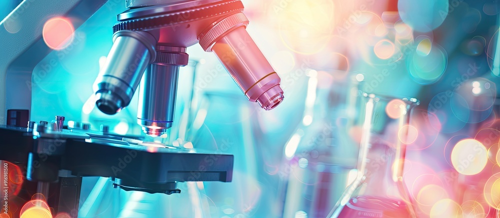 Science themed background with blurred elements including test tubes microscope and a research concept ideal for copy space image