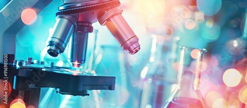 Obraz na płótnie Science themed background with blurred elements including test tubes microscope and a research concept ideal for copy space image w salonie