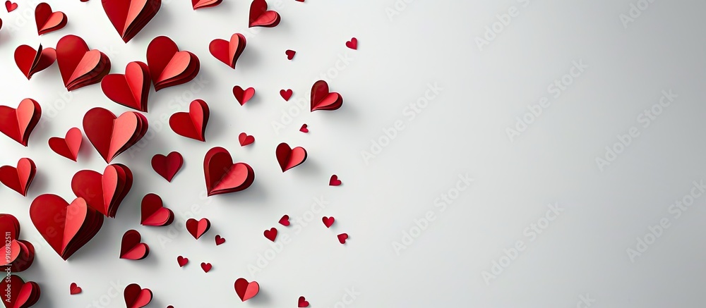 A romantic paper cut concept with red hearts on a white background designed as a Valentine s Day greeting card with ample copy space image from a top view A romantic paper cut concept with red hearts on a white background designed as a Valentine s Day greeting card with ample copy space image from a top view