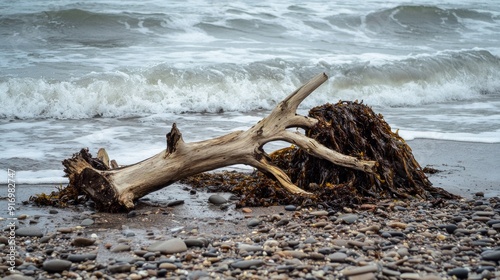 Driftwood on a Pebbled Beach photo