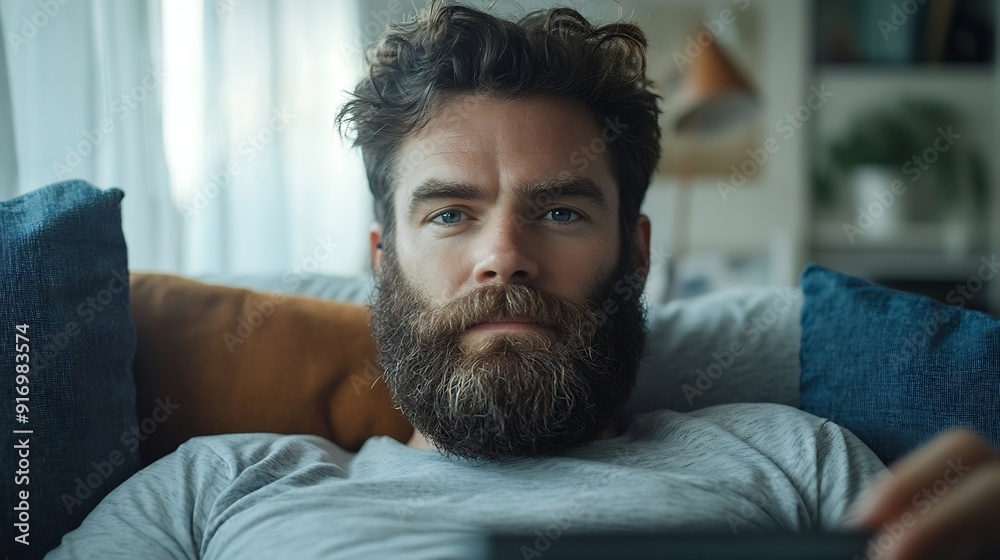Fototapeta premium Handsome man Bearded handsome man spending morning in living room and having video chat : Generative AI