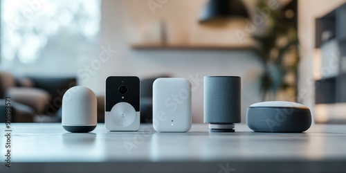Sleek Modern Smart Home Devices Displayed on a Table in a Minimalist Living Room