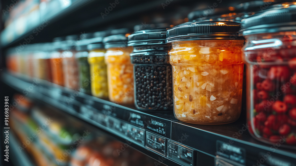 Aisle of Jars: Rows of colorful, glass jars on a grocery store shelf, capturing the vibrant hues and inviting textures of preserved foods. Aisle of Jars: Rows of colorful, glass jars on a grocery store shelf, capturing the vibrant hues and inviting textures of preserved foods.