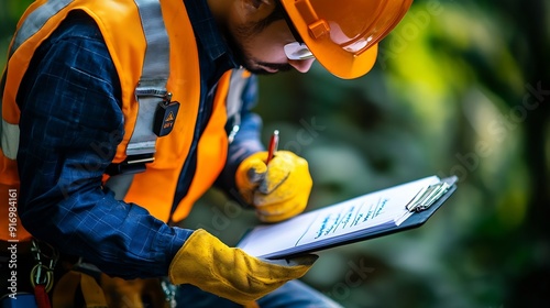 Construction miner supervisor wearing safety glove signing working at height working permit on open field job site prior to starting high risk rope access working at height constructio : Generative AI photo