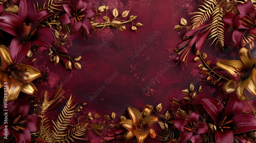Majestic 3D Abstract Scene Featuring Burgundy Lilies and Golden Ferns on a Textured Vintage Crimson Red Background Majestic 3D Abstract Scene Featuring Burgundy Lilies and Golden Ferns on a Textured Vintage Crimson Red Background