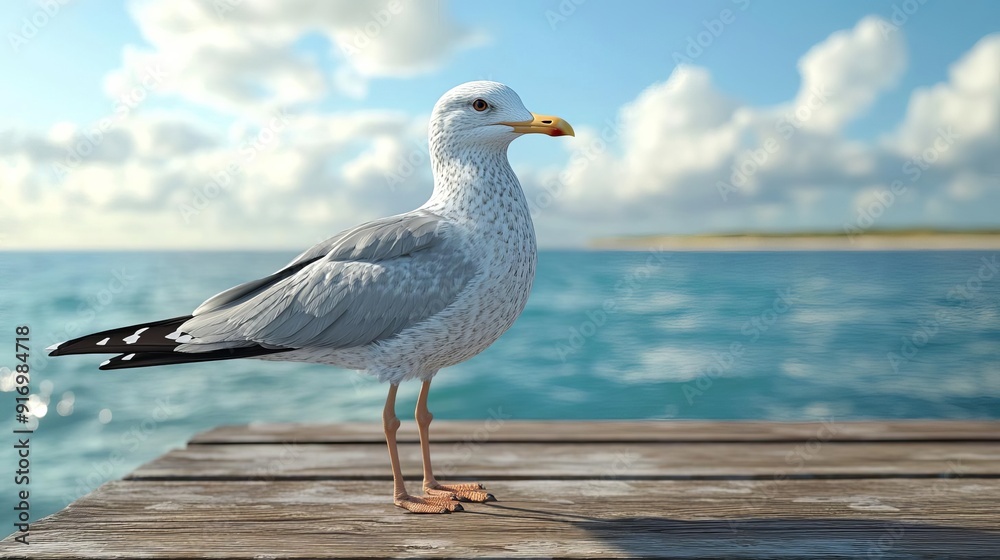 Seagull standing on a wooden dock with the ocean in the background, detailed feather textures, natural posture Seagull standing on a wooden dock with the ocean in the background, detailed feather textures, natural posture