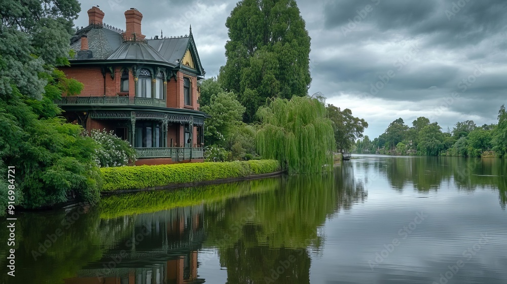 Riverside house with greenery, Victorian architecture, calm river reflection, overcast sky, tranquil environment Riverside house with greenery, Victorian architecture, calm river reflection, overcast sky, tranquil environment