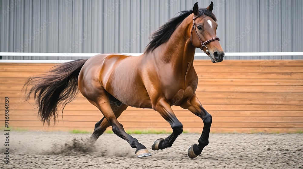 Obraz premium Brown horse trotting inside a training area, its mane flowing in the breeze, with a focused and determined expression