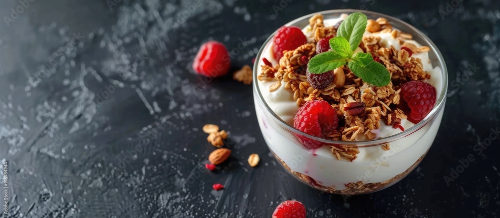 Glass bowl with granola mix of yogurt nuts and fruits on dark backdrop A scrumptious and nutritious breakfast treat Copy space image close up view Glass bowl with granola mix of yogurt nuts and fruits on dark backdrop A scrumptious and nutritious breakfast treat Copy space image close up view