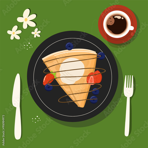 pancake crepes with ice cream on a plate vector illustration 