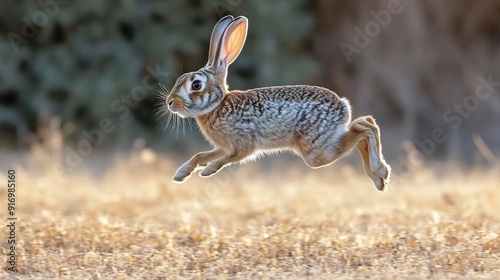 Cottontail rabbit jumping in midair across a dry, sunlit field, ears upright and alert, capturing a moment of wilderness action photo