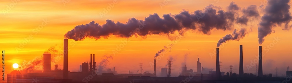 Industrial smoke rising from chimneys at dawn, with the sky painted in warm hues, symbolizing environmental concerns Industrial smoke rising from chimneys at dawn, with the sky painted in warm hues, symbolizing environmental concerns