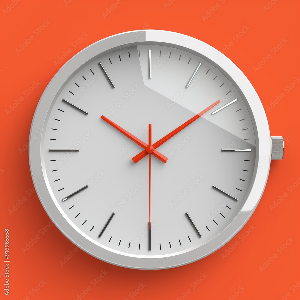 A minimalist clock with red hands stands out against a vibrant orange wall, marking time stylishly. A minimalist clock with red hands stands out against a vibrant orange wall, marking time stylishly.