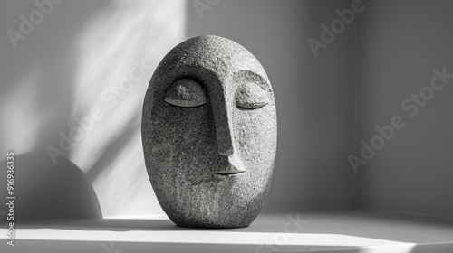 Stone head sculpture with closed eyes isolated on white background photo