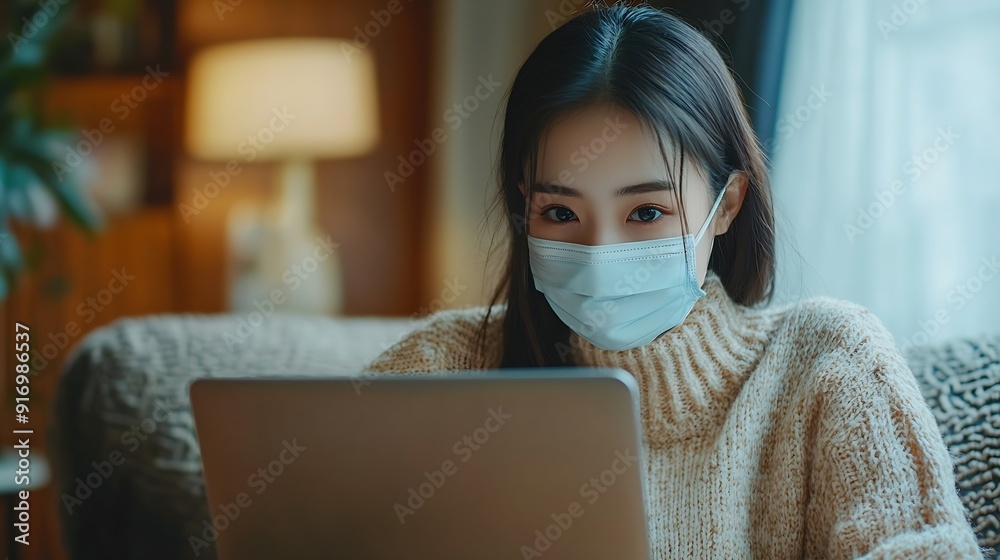 Portrait of Young Smart Asian Woman Freelance Online Working from Home with Laptop at Home Living Room in Coronavirus or Covid19 Outbreak Situation Healthcare and Social Distancing Co : Generative AI Portrait of Young Smart Asian Woman Freelance Online Working from Home with Laptop at Home Living Room in Coronavirus or Covid19 Outbreak Situation Healthcare and Social Distancing Co : Generative AI