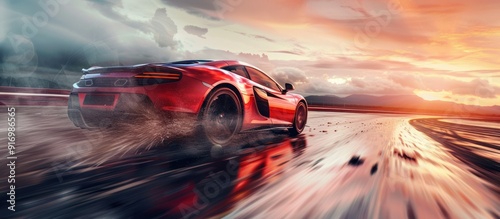 Red Sports Car Racing at Sunset