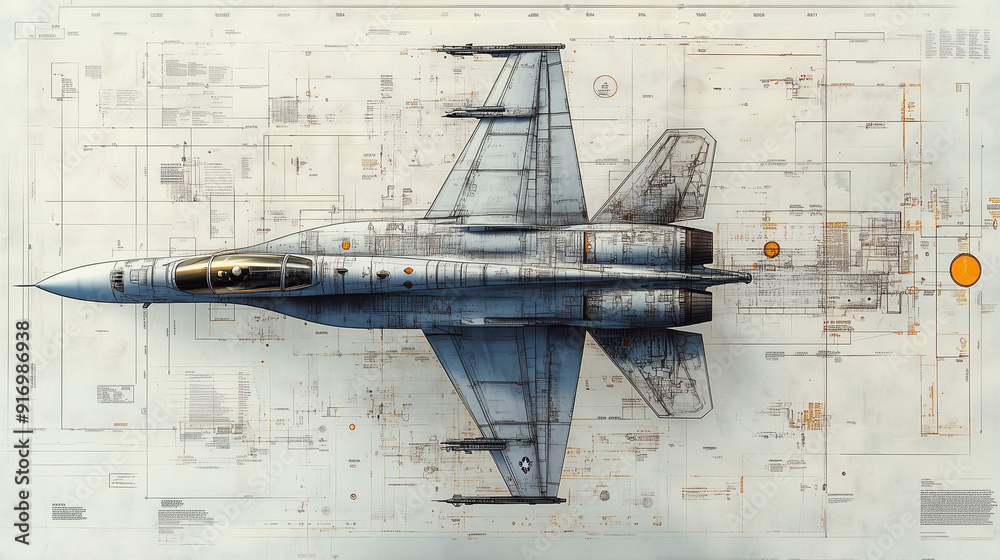 F-18 Super Hornet Blueprint: A detailed top-down view of an F-18 Super Hornet fighter jet, rendered in exquisite detail against a backdrop of technical blueprints, capturing the raw power and precisio