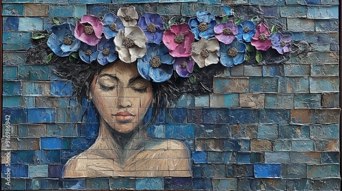 A serene woman with closed eyes wears a vibrant crown of colorful flowers against a textured blue mosaic background.