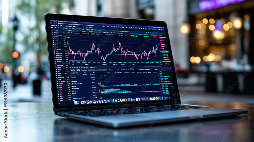 Urban Trading Post: A laptop hums with the rhythm of the stock market, its screen alive with charts and data against a bustling city backdrop. Urban Trading Post: A laptop hums with the rhythm of the stock market, its screen alive with charts and data against a bustling city backdrop.