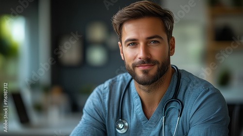 Confident Medical Professional: A portrait of a young, handsome doctor with a stethoscope, exuding confidence and trustworthiness. 