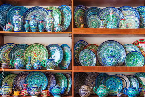 Multicolored ceramic dishes with oriental ornaments at the Siab Bazaar. photo