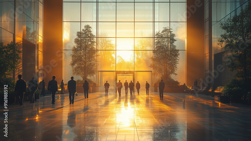 Sunrise Silhouettes: A group of silhouetted business professionals stand in an expansive lobby, bathed in the warm glow of a sunrise, signifying a promising start to the day and the potential for grea photo