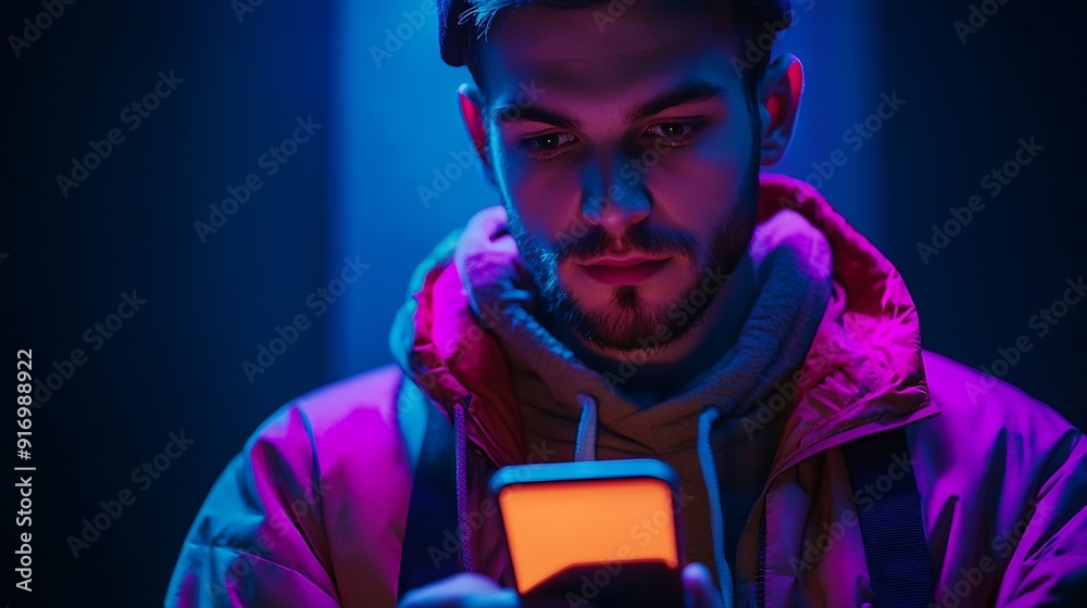 Man with phone in hand looking at smartphone screen portrait dark blue background neon light style and trends mixed light mens fashion copy place : Generative AI