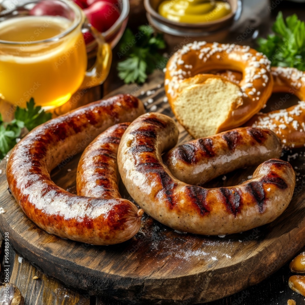 Gourmet Delights of Oktoberfest: Succulent Grilled Sausages with Pretzels and Mustard, the Quintessential Munich Fair Feast Gourmet Delights of Oktoberfest: Succulent Grilled Sausages with Pretzels and Mustard, the Quintessential Munich Fair Feast