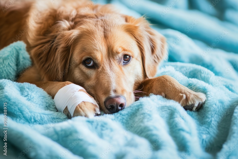 Serene Recovery: A Dog with a Bandaged Paw Resting Peacefully on a Gentle Blue Blanket