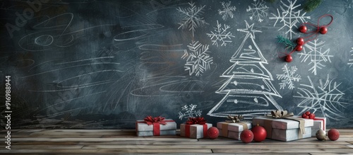 A festive scene with a Christmas tree sketch on a chalkboard surrounded by lovely presents creating a charming holiday backdrop with copy space image