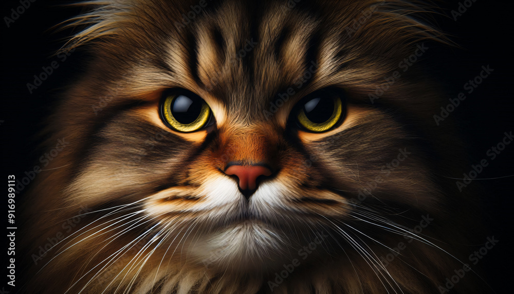 cat close-up portrait full-face tabby black background stare gaze moody serious focused