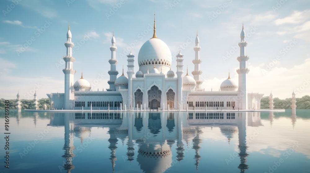 Obraz premium Large white mosque on a calm body of water.