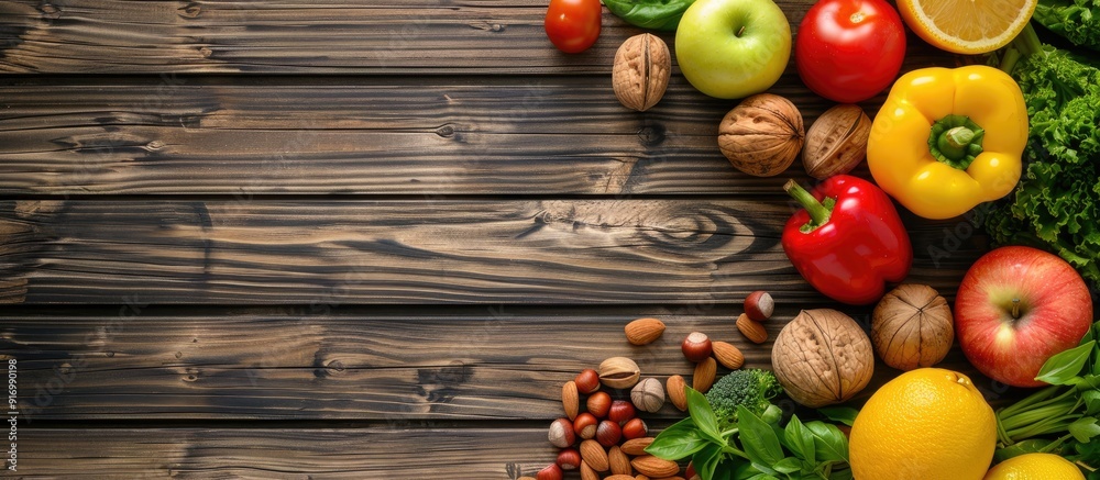 Top view of fresh fruits vegetables and nuts on a wooden background creating a healthy food concept with available copy space image Top view of fresh fruits vegetables and nuts on a wooden background creating a healthy food concept with available copy space image
