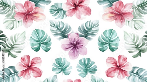 Seamless Watercolor Pattern of Banana Leaves: Lush and Tropical Design with Vibrant Green Hues