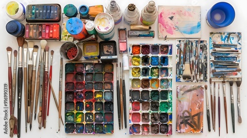 A collection of mixed media art supplies including pastels, inks, and brushes on a white surface. The variety of textures and colors create a rich, creative scene. photo