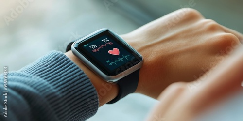 Person Checking Heart Rate on a Smartwatch with Health Monitoring Interface Displayed on the Screen, Close-Up of Wrist photo