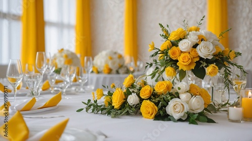Elegant Wedding Table Decor with Yellow and White Roses