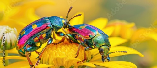 A vibrant image showing two colorful beetles stacked on top of each other resting on a bright yellow crown daisy flower with copy space image photo