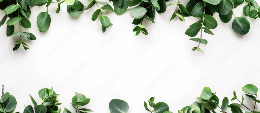 Fototapeta premium Eucalyptus branches create a border frame on a white background with copy space image