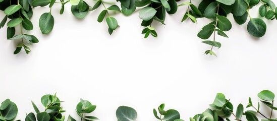 Eucalyptus branches create a border frame on a white background with copy space image